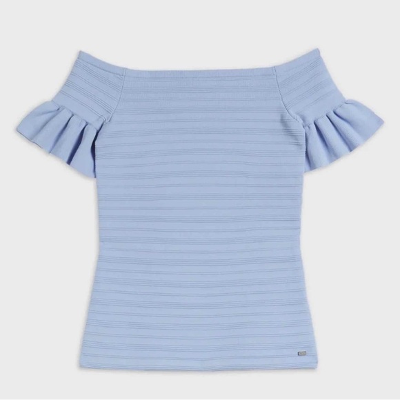 Ted Baker Misteey Bardot Frill Knitted Off Shoulder Top Size 6 US 16 Blue - Picture 1 of 16